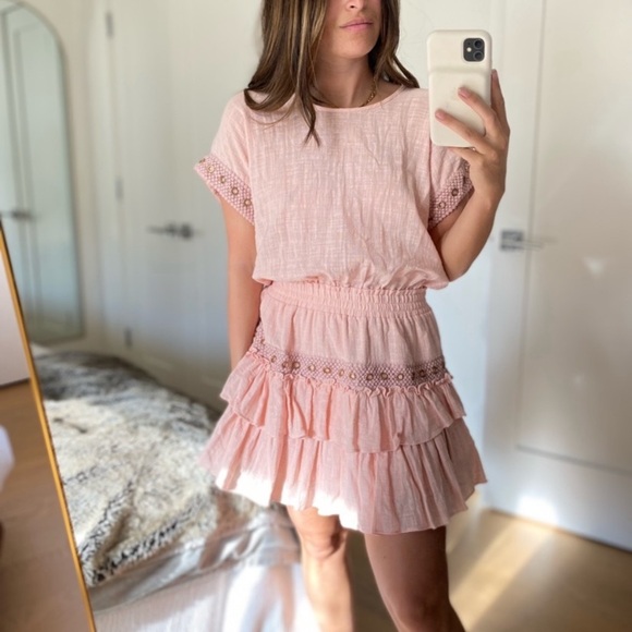 Misa Los Angeles Olivia Salmon Pink Ruffle and Grommet Mini Dress - Picture 1 of 9